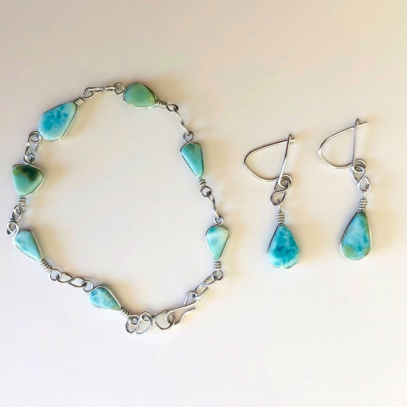 Handmade Turquoise Silver Metal Bracelet and Hook Earring Set US Virgin Islands - Picture 1 of 3